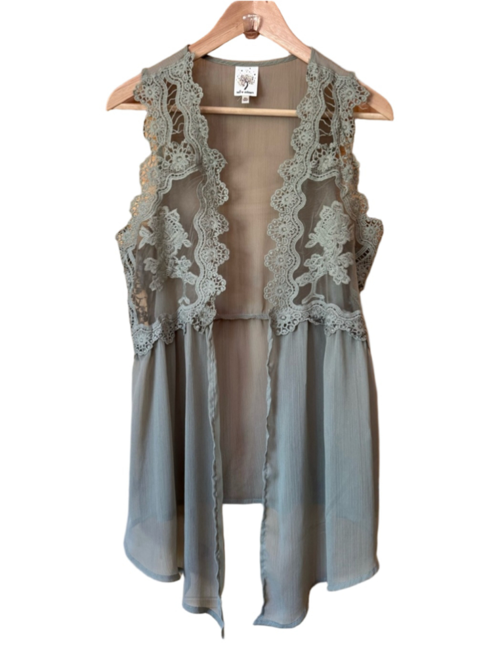 Self Esteem Boho Lace Trim Sheer Flowy Vest Sage Green size XL